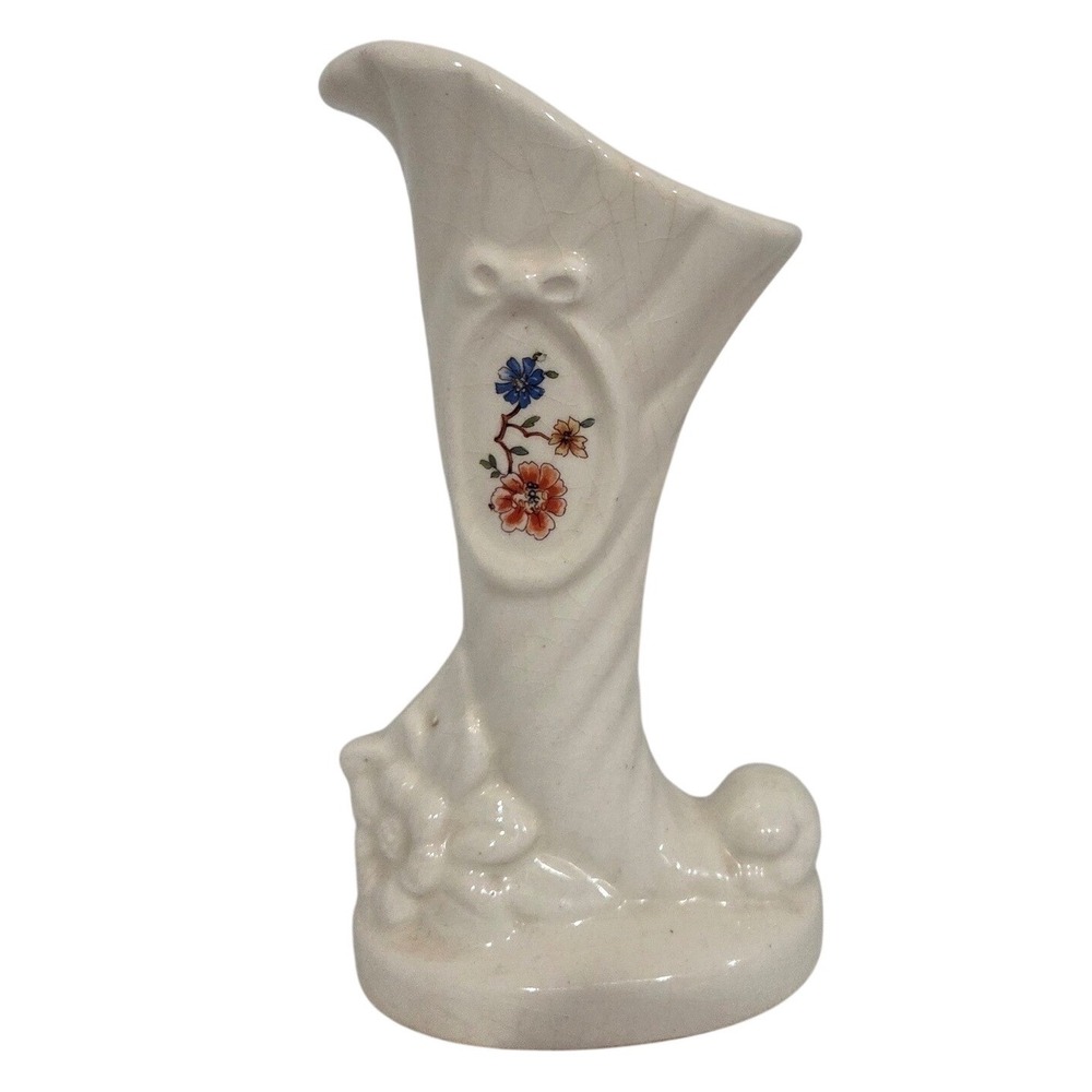 Vintage Ceramic Cornucopia Bud Vase Cream Floral Mid Century Decor